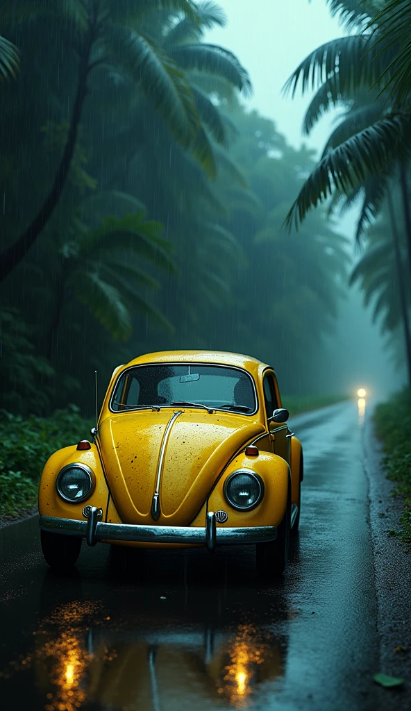 A classic Volkswagen Beetle car, with its iconic design and vintage appeal, takes center stage in this artwork. The car is painted in a vibrant yellow color, which contrasts beautifully with its rustic and weathered exterior. The faded color adds a sense of nostalgia and history to the scene. The setting is a highway road that winds its way through a dense tropical forest. The darkness of the night intensifies the mysterious and eerie atmosphere. The forest is filled with towering trees and lush foliage, creating a sense of isolation and obscurity. The deep shadows cast by the moonlight add an extra layer of intrigue to the surroundings. In this artwork, we aim to evoke a horror film mood, using cinematic techniques to enhance the visual impact. The rain pours down relentlessly, adding to the suspense and tension. The wet asphalt reflects the dim light, creating a haunting ambiance. The raindrops form streaks of motion as the car speeds along, adding a dynamic element to the composition. To ensure the best quality and attention to detail, please include the following tags at the beginning of the prompt: "(best quality, 4k, 8k, highres, masterpiece:1.2), ultra-detailed, (realistic, photorealistic, photo-realistic:1.37)". This will ensure that the final image is rendered with the utmost precision and realism. For the art style, we can incorporate a cinematic mode, which adds a distinct cinematic flair to the image. It enhances the colors, lighting, and overall composition, further immersing the viewers in the horror film mood. The color scheme should be predominantly dark and moody, with hints of yellow to accentuate the car. Lastly, please consider the lighting carefully. The scene should be illuminated by the moonlight, highlighting the car and casting dramatic shadows in the surrounding forest. The play of light and shadow enhances the atmosphere and adds depth to the composition. Overall, the prompt aims to create a captivating and atmospheric artwork featuring a 
