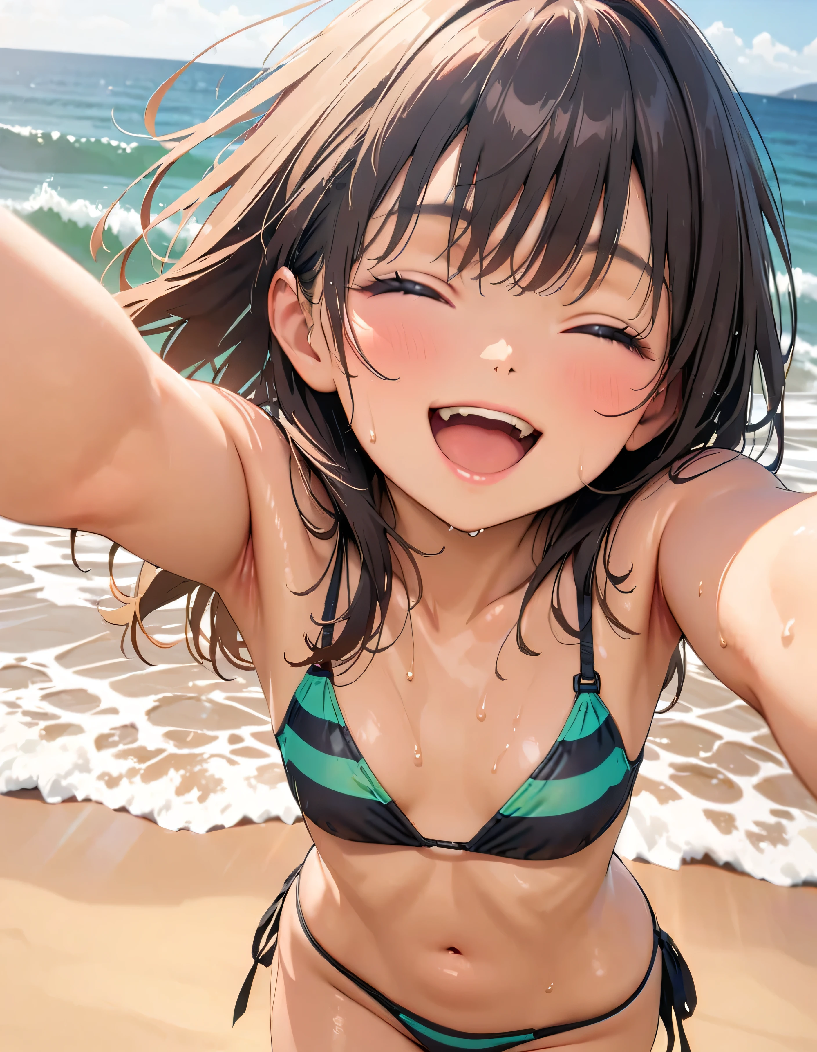 (Highest quality:1.2, Very detailed, Latest, Vibrant, masterpiece:1.2, Highest quality, Best aesthetics), smile, ((Face Up Shot:1.4)), 1980s style, 8K Ultra HD, Background Blur, smile, One Woman, Woman in bikini, Strong sunlight, Seaside, sunny, Summer sunshine, Wet Skin, Flat chest, Sandy Beach, low length, Dynamic Angle, very young, Get excited