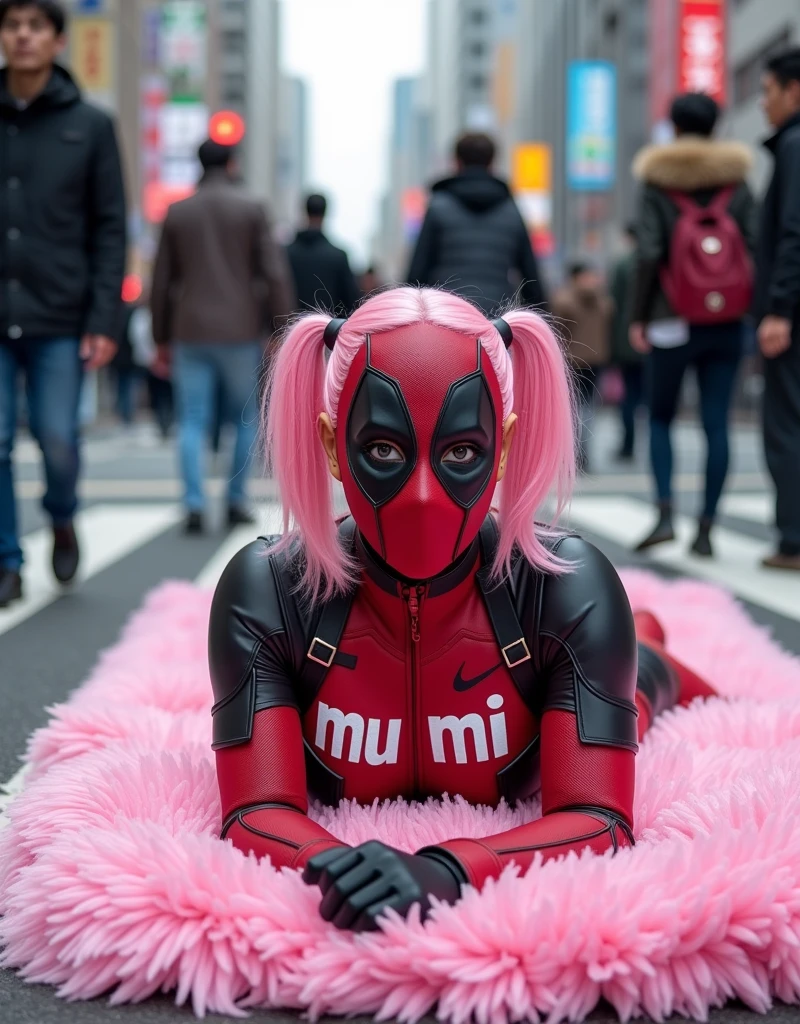 ((Highest quality)), ((masterpiece)), (photograph), ((Japanese women)), ((Deadpool costume and mask)), (((On his chest, he has the word "mu mi" written in white letters.))), Deadpool woman with pink hair and twin tails, Lying on a fluffy pink bath mat at Tokyo's Scramble Crossing, Surrounded by passers-by。