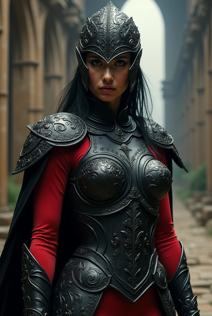 beautiful warrior woman wearing black leather armor covering her whole body and limbs with insanely detailed and intricate with hypermaximalist embossed pattern, red inner clothing, tight inner clothing, battle-ready pose, super detailed, cinematic light, fantasy, 3/4 photo shot, from above head to knee viewframe