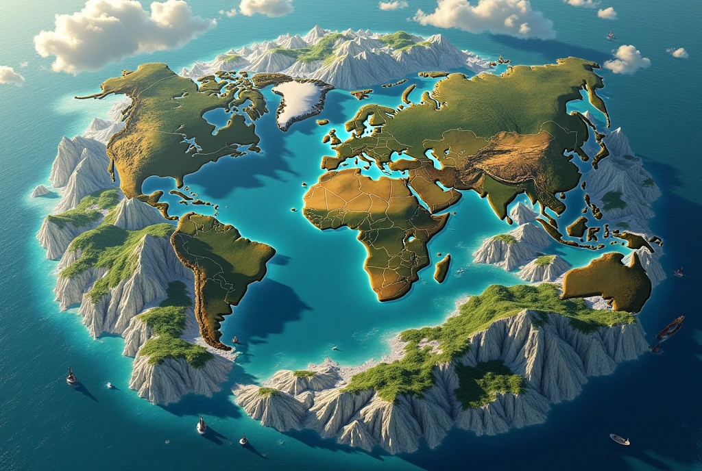 Create a large scale map of the fantasy world of Threa. In the center of the map, place the Earth&#39;s continents in their current position (2024) as a Main Continent, slightly more inclined to the north pole. Surround this Main Continent with the Ring Continent formed from the Flat Earth map version of Antarctica, where the coast faces inward and the interior contains land areas, tundra, and some parts are still covered in ice, especially in the northern part. Outside this Ring Continent, place the Old Continent, the larger one, about twice that of the Main Continent, forming a supercontinent like Pangaea. This Old Continent must have a diverse ecosystem, including large mountains, dense forest, teacher, dan padang es, creating a wild and unfriendly atmosphere.