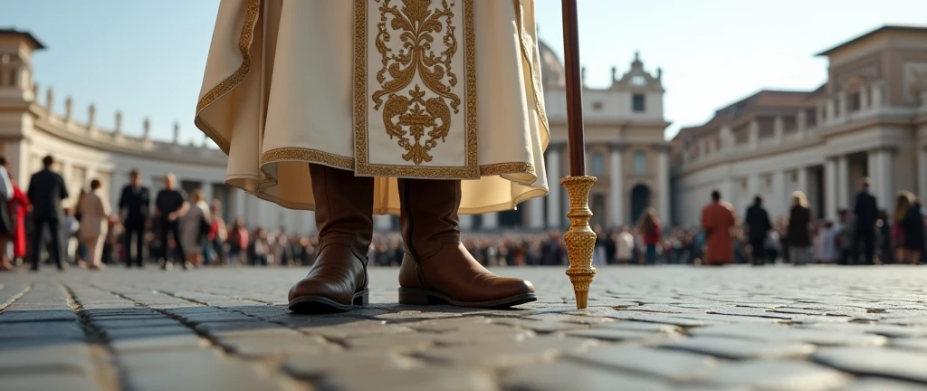 The camera is on the ground and the focal point of the image is the close on the back view boots a of Pope's wearing a rustic laceless, brown, high-top leather boots, typical of field workers. The Pope wears a white tunic decorated with papal insignia, a cloak and a long golden papal scepter with a cross on the top next to him . The background is a panoramic view St. Peter's Basilicain the Vatican, crowded with tourists. The scene captures the moment of religious significance and the historical and artistic richness of St. Peter's Square. Ultrarealistic Ultrarealistic photo, 16k, ultra high resolution, photorealistic, Ultra HD.
