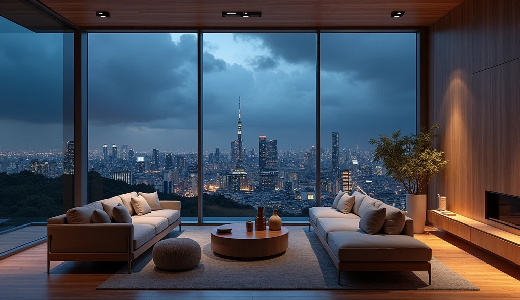 Scandinavian furniture,Modern and comfortable living room, There is a wall of windows, The night view of Tokyo spreads out beyond the window., Under the Storm.