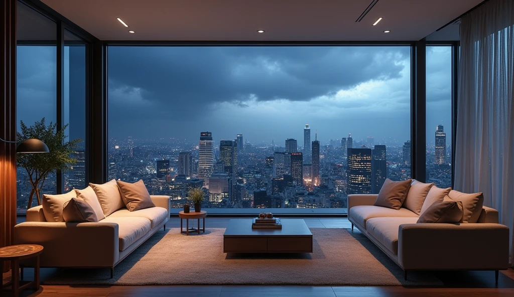 Scandinavian furniture,Modern and comfortable living room, There is a wall of windows, The night view of Tokyo spreads out beyond the window., Under the Storm.