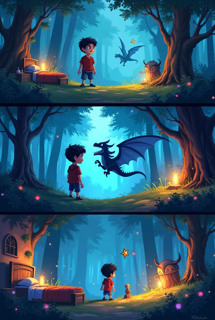 Title: "The Dream Adventure"
Panel 1: Scene: A boy named Max is sleeping peacefully in his bed at night. The room is dimly lit by moonlight coming through the window.
Text (Thought Bubble): “Zzz… I wonder where my dreams will take me tonight.”
Panel 2: Scene: Max finds himself in a magical forest with glowing lights floating around. The trees are tall and colorful.
Text (Max): “This place is incredible!”
Panel 3: Scene: Max sees a whimsical creature with a large hammer for a head, standing among the glowing trees. The creature waves excitedly.
Text (Creature): “Hi there! I’m Hammersmith. Welcome to the Enchanted Forest!”
Panel 4: Scene: A majestic dragon with shimmering scales lands gracefully in front of Max, spreading its wings.
Text (Dragon): “Hello, young traveler! I’m Drakon. Follow me!”
Panel 5: Scene: Max is riding on Drakon’s back as the dragon soars above the forest, showing an expansive view of the magical landscape.
Text (Max): “This is amazing! Thank you for the ride!”
Panel 6: Scene: Max wakes up in his bed with a smile, stretching and looking happy.
Text (Max): “What a fantastic dream!”
