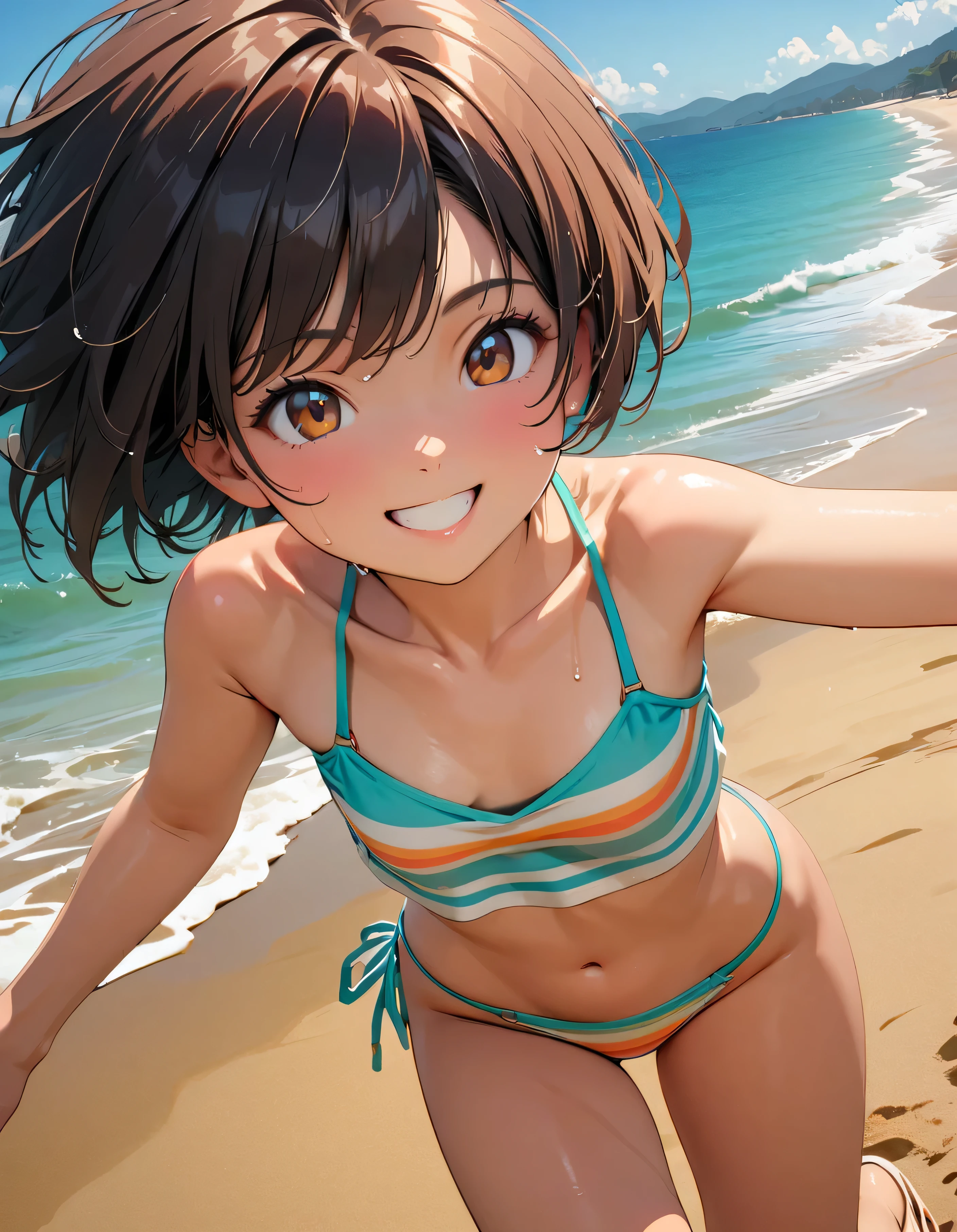 (Highest quality:1.2, Very detailed, Latest, Vibrant, masterpiece:1.2, Highest quality, Best aesthetics), smile, ((Face Up Shot:1.4)), 1980s style, 8K Ultra HD, Background Blur, smile, One Woman, Woman in bikini, Strong sunlight, Seaside, sunny, Summer sunshine, Wet Skin, Flat chest, Sandy Beach, Bobcut, low length, Dynamic Angle, very young, Get excited