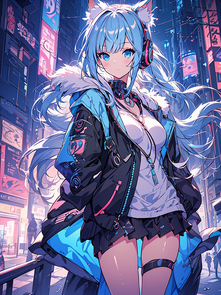 anime girl in futuristic outfit with cat ears and headphones, beautiful girl with cyborg parts, cyberpunk anime digital art, cyberpunk mech anime girl, female, beautiful cyborg girl, perfect android girl, portrait anime space cadet girl, fully body, neckleace, bubble jacket, Eyes red, tattoo on legs, breasts big, high court tennis