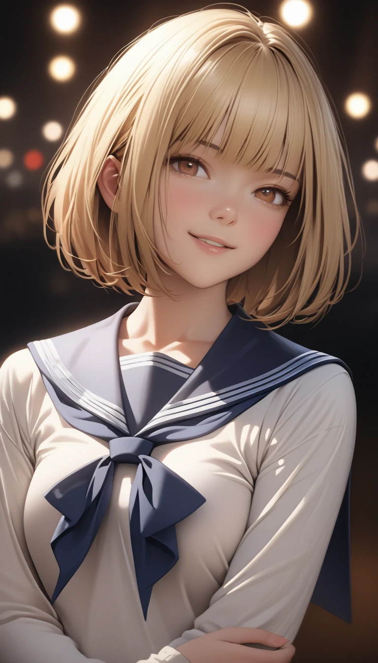 (masterpiece:1.2, Highest quality), (Realistic, photoRealistic:1.4), Beautiful illustrations, (Natural Side Lighting, Cinema Lighting), View your viewers, Cowboy Shot, Front view:0.6, 1 person, Japanese, Junior high school girl, , Perfect Face, cute and symmetrical face, Glowing Skin, (short hair, Bobcut, Blonde), Blunt bangs, Dark brown eyes, Long eyelashes, (Large Breasts:0.5), Beautiful Hair, Beautiful Face, Beautiful attention to detail, Beautiful clavicle, Beautiful body, Beautiful breasts, Beautiful thighs, Beautiful feet, Beautiful fingers, ((Detailed cloth texture, long sleeves navy cute sailor suit, Navy Pleated Skirt, Navy sailor collar, Green sailor scarf)), (Beautiful views), evening, River side, Are standing, (cute, Cute smile, Upward glance, Open your mouth),