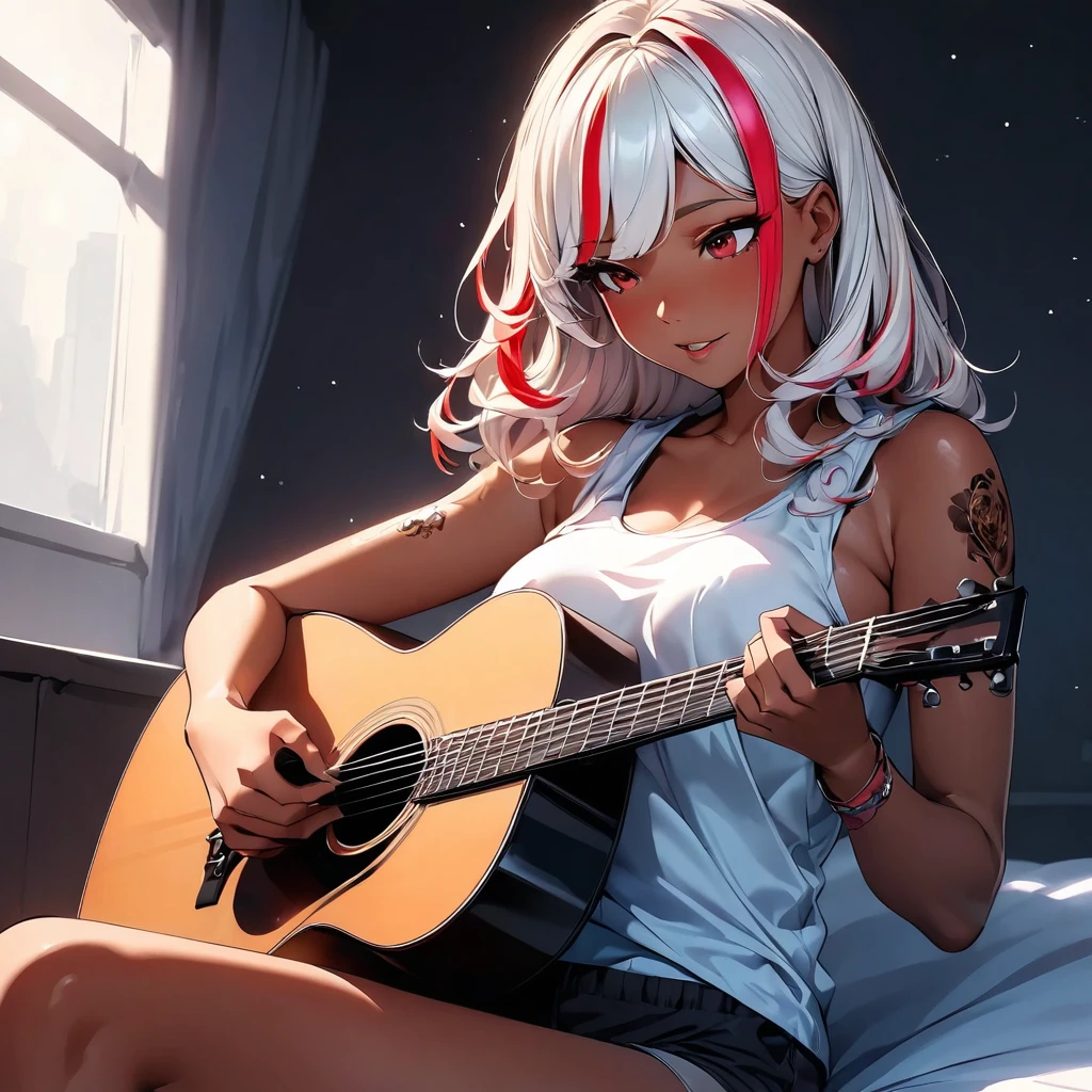 (highest quality:1.2, Very detailed, up to date, Vibrant, Ultra-high resolution, High Contrast, masterpiece:1.2, highest quality, Best aesthetics), Portraiture、girl、singer, solo, ((25-years-old:1)), Bright colors, Beautiful fine details、Beautiful lip detail、medium wave hair、red and white ((streaked hair:1.6)), highlights hair: 1.5, red eyes, slim body, medium breast, (tan skin:1.1), (Floral Fineline tattoo design on left arm:1), tank top, shorts, sitting on bed, bright her room, huge windows, singing, playing acoustic guitar
