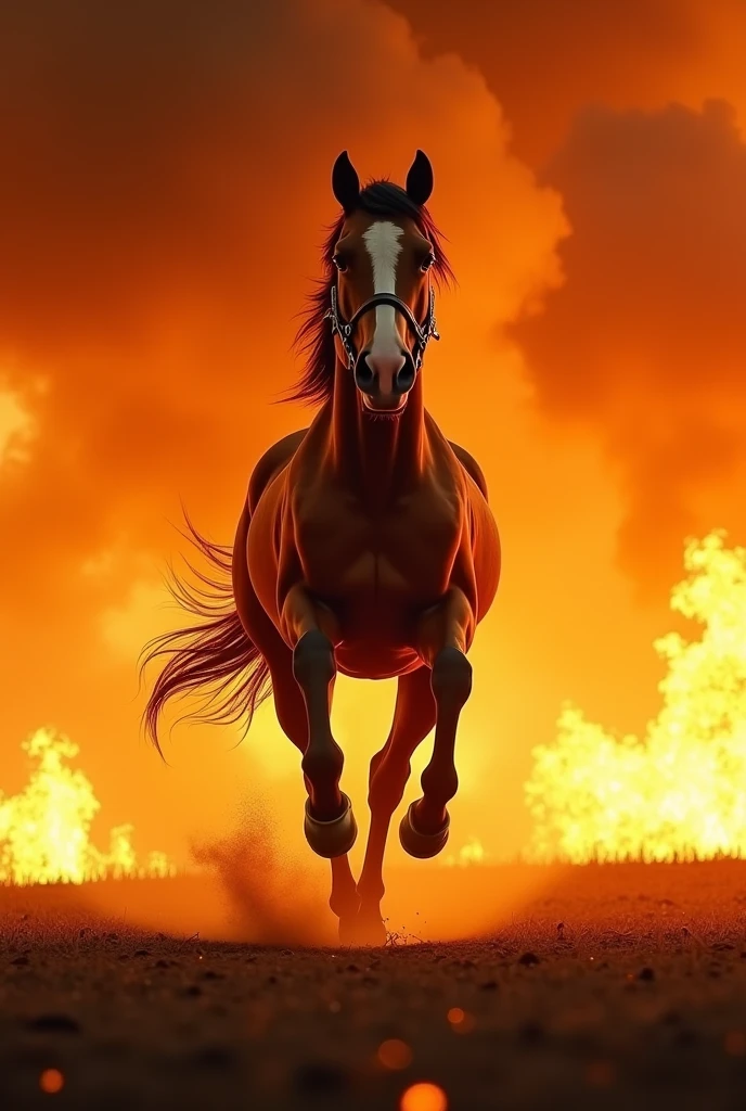 Create a movie poster design, fire explosion, warm color tone, A horse running from fire ,only one horse, realistic image