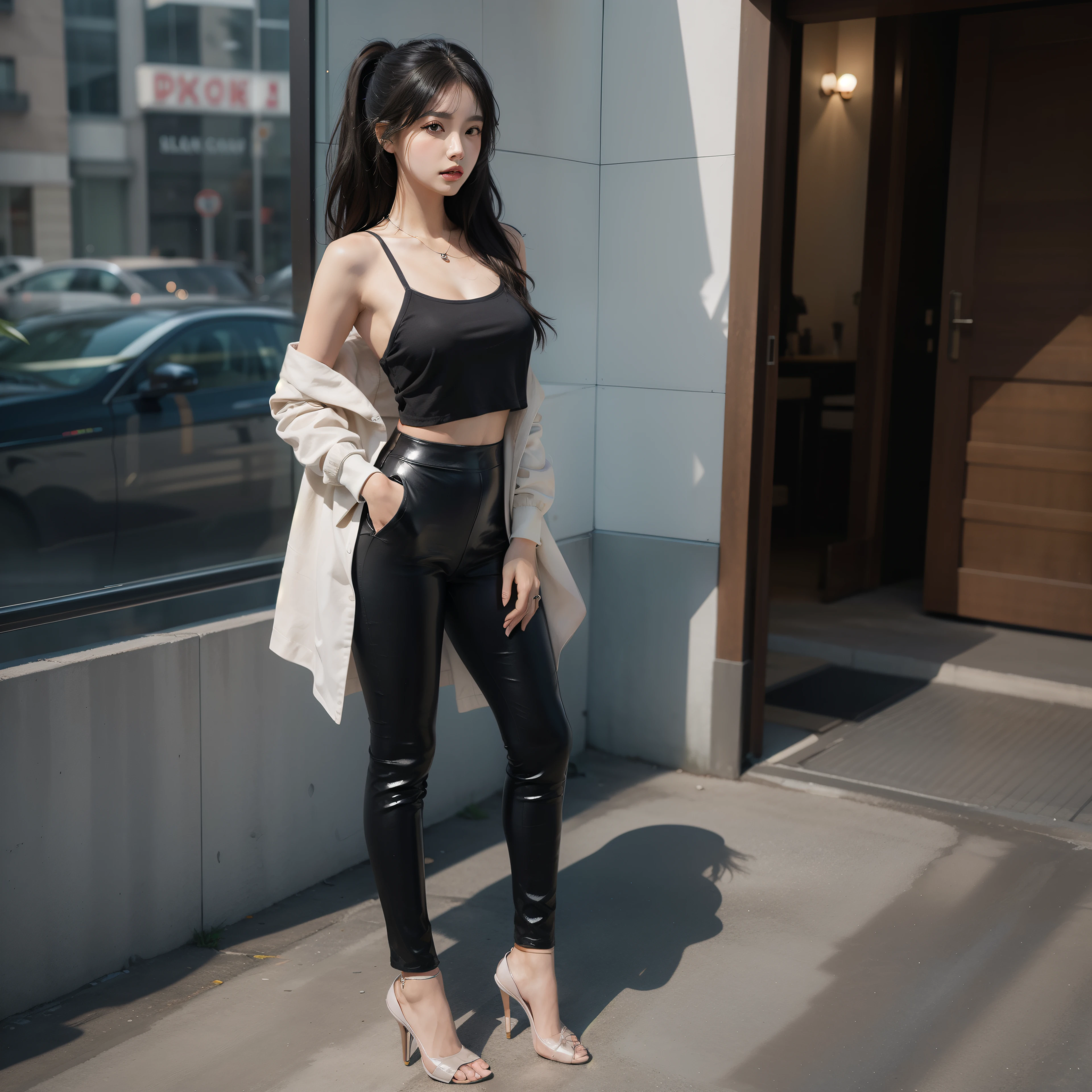 A digital illustration in anime style of a girl standing straight. She has long black hair styled in a ponytail and blue eyes. She is wearing a satin blouse, a black leather leggings, black high heels, and a delicate necklace. The girl should be looking directly at the camera, with her full body visible, including her high heels. The illustration should be ultra-realistic and high resolution (8K), with a clear and sharp depiction. The image should capture the girl's dynamic pose and stylish outfit, with an exquisite and beautifully detailed presentation.