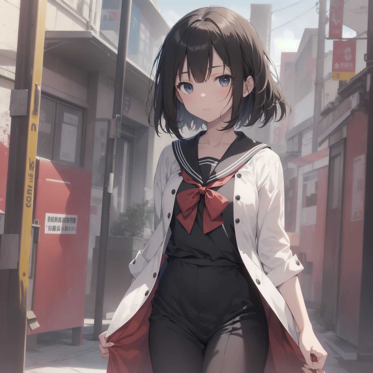 ultra-absurdres-Top quality by artist God, ultra-detailed, high resolution, anime moe artstyle, best anime 8k konachan wallpaper, pixiv contest winner, pool:2810, perfect anatomy,break, 1girl, (Please draw a girl walking sleepily to school alone. )break,(Solo,little female,15yo:1.3),Full limbs, ,a junior high school student, (very short hair), short cut, flat chest, , small butt, small black eyes, beautiful detailed eyes, well-proportioned iris and pupils, expressive eyes, highres detailed hair, soft expression, salor school_uniform, sailor collar, serahuku, bow, pleated skirt,(Detailed Lighting), (Detailed background), in the School commute route. break,super detailed skin, Best cinematic lighting powered by famous artist, 8k,beauty illustration,photoshop_(medium),very aesthetic,break,((artist:merunyaa )), artist:clamp ,artist:carnelian ,artist:kantoku ,