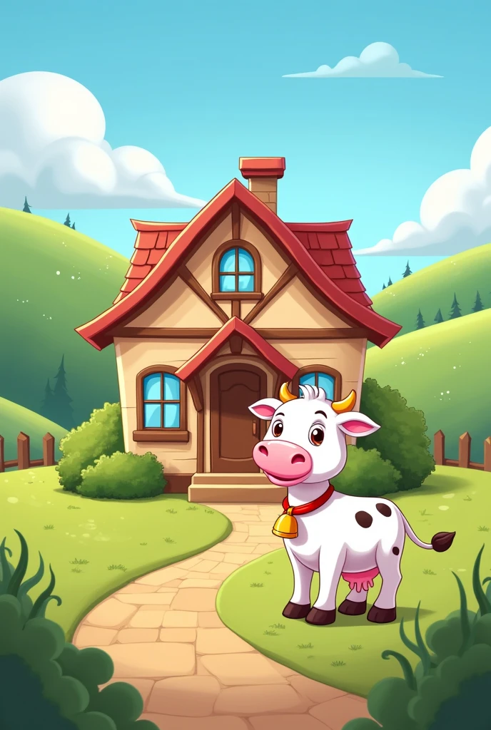 A beautiful house with a lovely white cow tied up. The cow has a pretty yellow bell around its neck.create a cartoon image of that