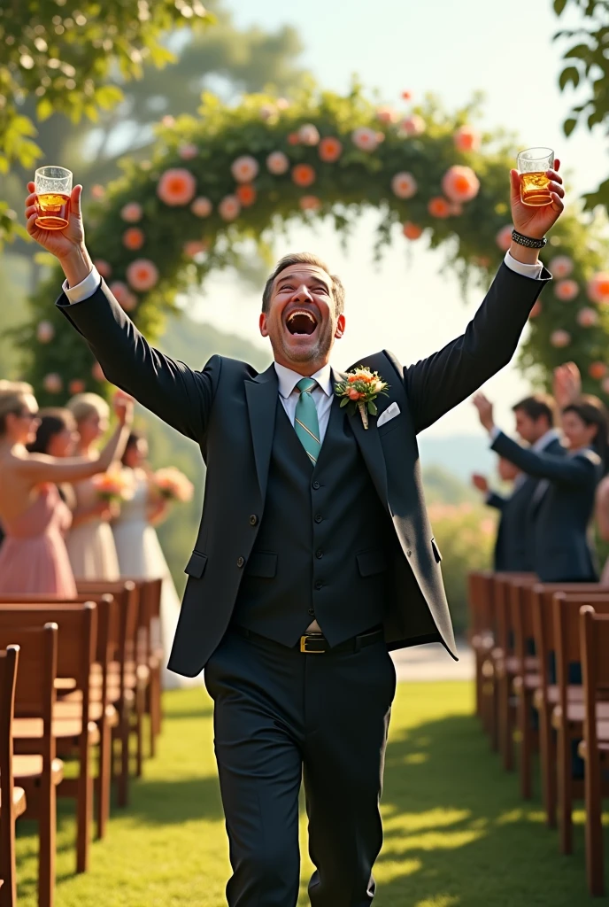 happy man with jack daniels in his hand on a weeding with his arms outstretched