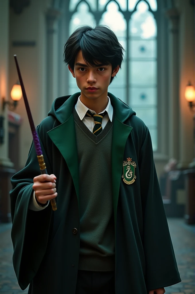I want a handsome teenager, studies at Hogwarts in the Slytherin house, brown skin, eyes black, Bblack hair, soft scars on arms, has a short purple wand in his left hand. 
