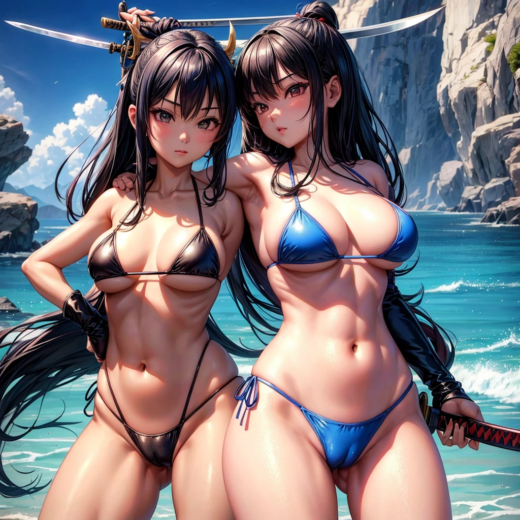 Beautiful Asian girl, 1, mini bikini assassin girls, sexy lady, big breasts, camel toe, little blade in hand, katana sword, หัวนม, นั่งชันเข่า, ยกขาหนึ่งข้าง,