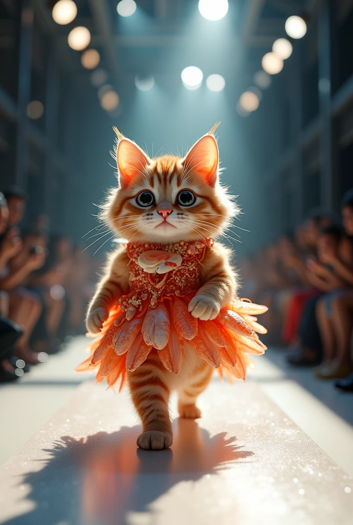 (photorealism:1.2), cute cat wearing seafood dress walking on the runway 