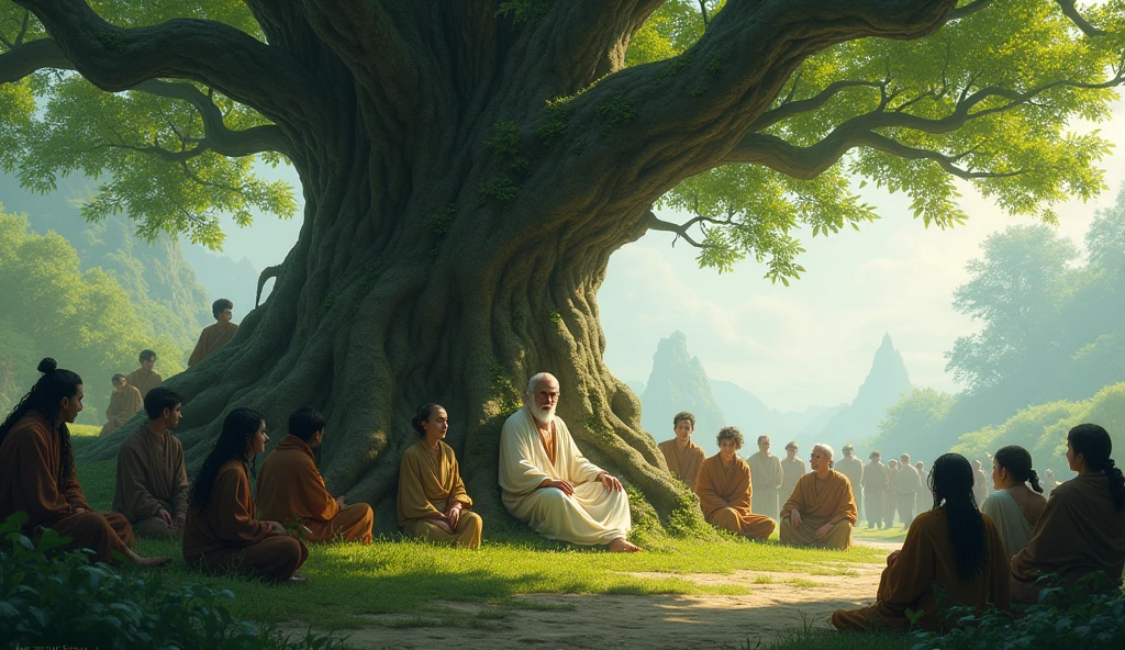 Image**: A serene, wise monk in simple attire, sitting under a tree, surrounded by villagers seeking his help.