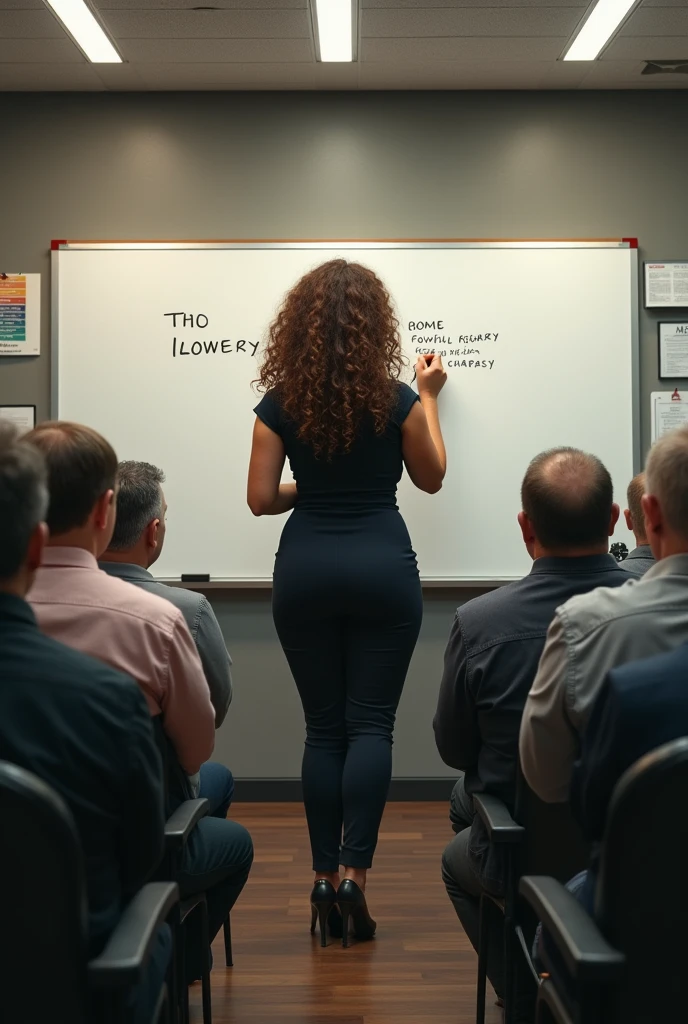 (photorealism:1.2), A sexy curly brown hair woman writes on a whiteboard in a room full of fat men