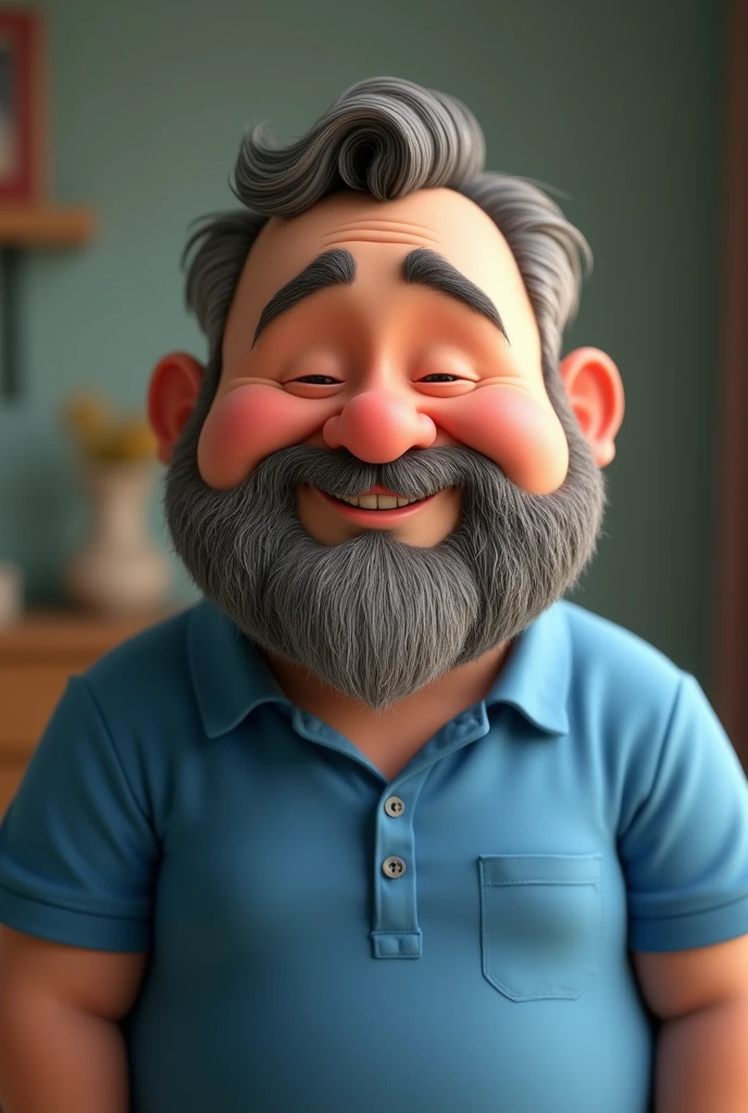 Cartoon character of a bearded, slightly chubby Caucasian man in a blue shirt, smiling, with gray beard strands and slightly closed eyes when smiling, animation character, Stylized character, animation style rendering, stylized 3D, Image rendering Arnold Maya, Stylized 3D Rendering, toon render screenshot, 3D Character, 3D Character, Stylized 3D Rendering, 3D Character Rendering, cartoon character, Closeup Character, Character Pose, (Pixar Style) (part master:1.2) (Bokeh) (best quality) (detailed skin) (detailed texture) (8K) (clay) (cinematic lighting) (sharp focus