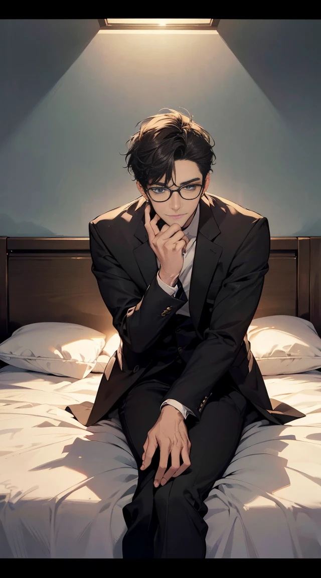 (best quality,4K,8K,high resolution,masterpiece:1.2),Extremely detailed,(Practical,photoPractical,photo-Practical:1.37),1 man,3,Mature man,very handsome,No Expression,Smile,Black short hair,blue eyes,Sharp eyes,Perfect face，Wearing gold-rimmed glasses，No flaws,momentum,Have a tattoo,Sit on the bedroom bed,Full body view，Movie Lighting,hdr image
