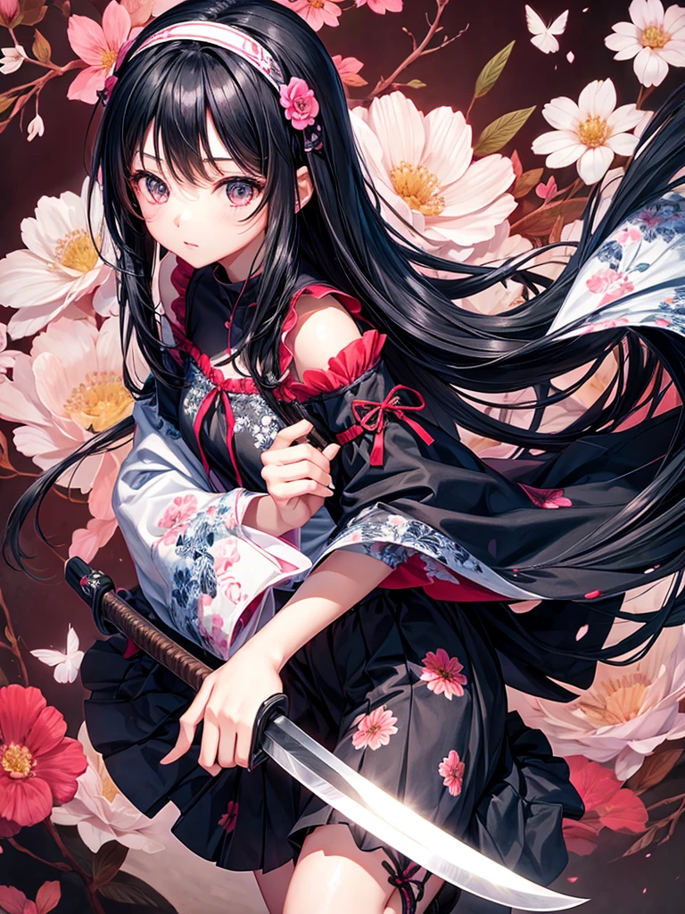 Yazawa Yukie style girl、One girl、alone、Black Hair、Long Hair、Holding、weapon、Floral print、knife、One knee、Wide sleeves、hair band