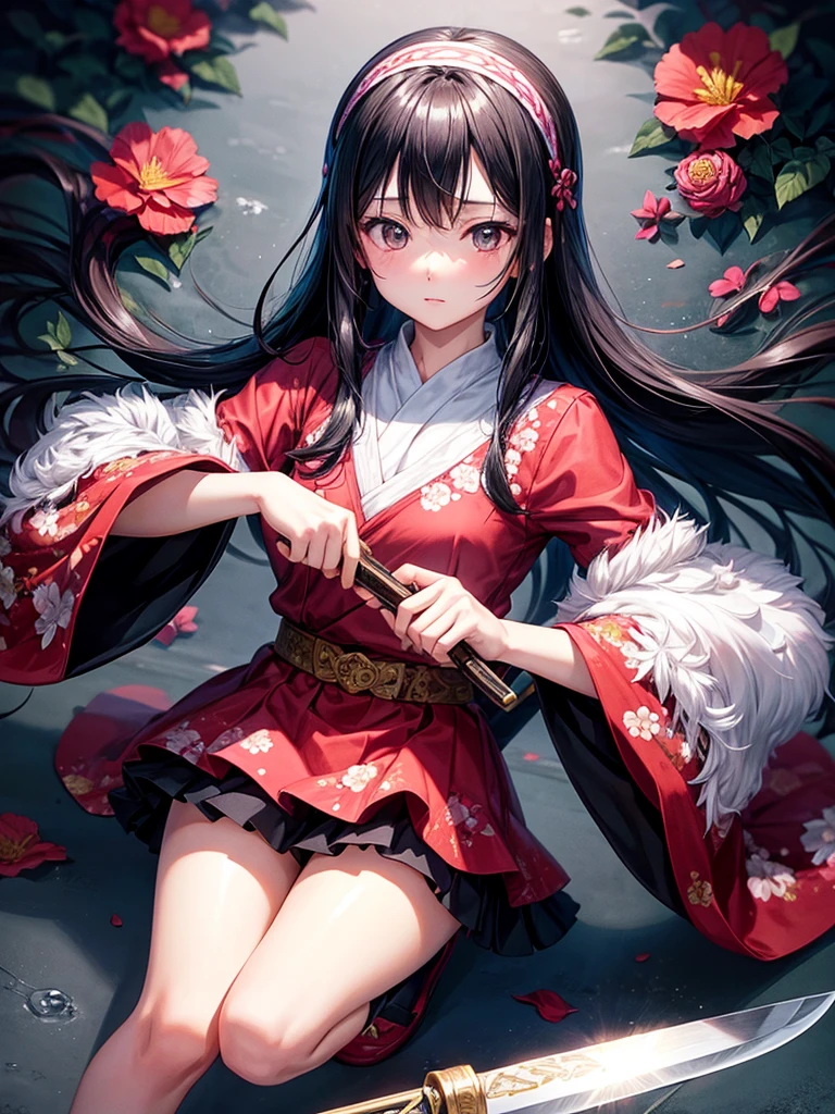 Yazawa Yukie style girl、One girl、alone、Black Hair、Long Hair、Holding、weapon、Floral print、knife、One knee、Wide sleeves、hair band