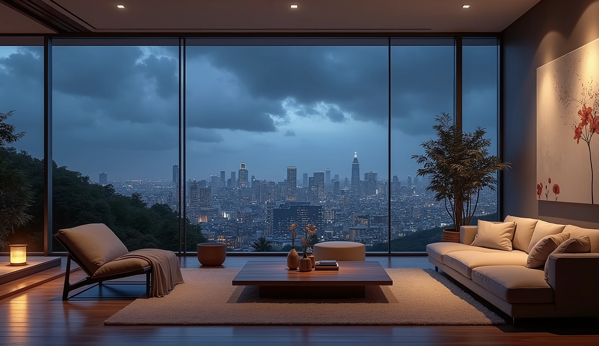 Scandinavian furniture,Modern and comfortable living room, There is a wall of windows, The night view of Tokyo spreads out beyond the window., Under the Storm.