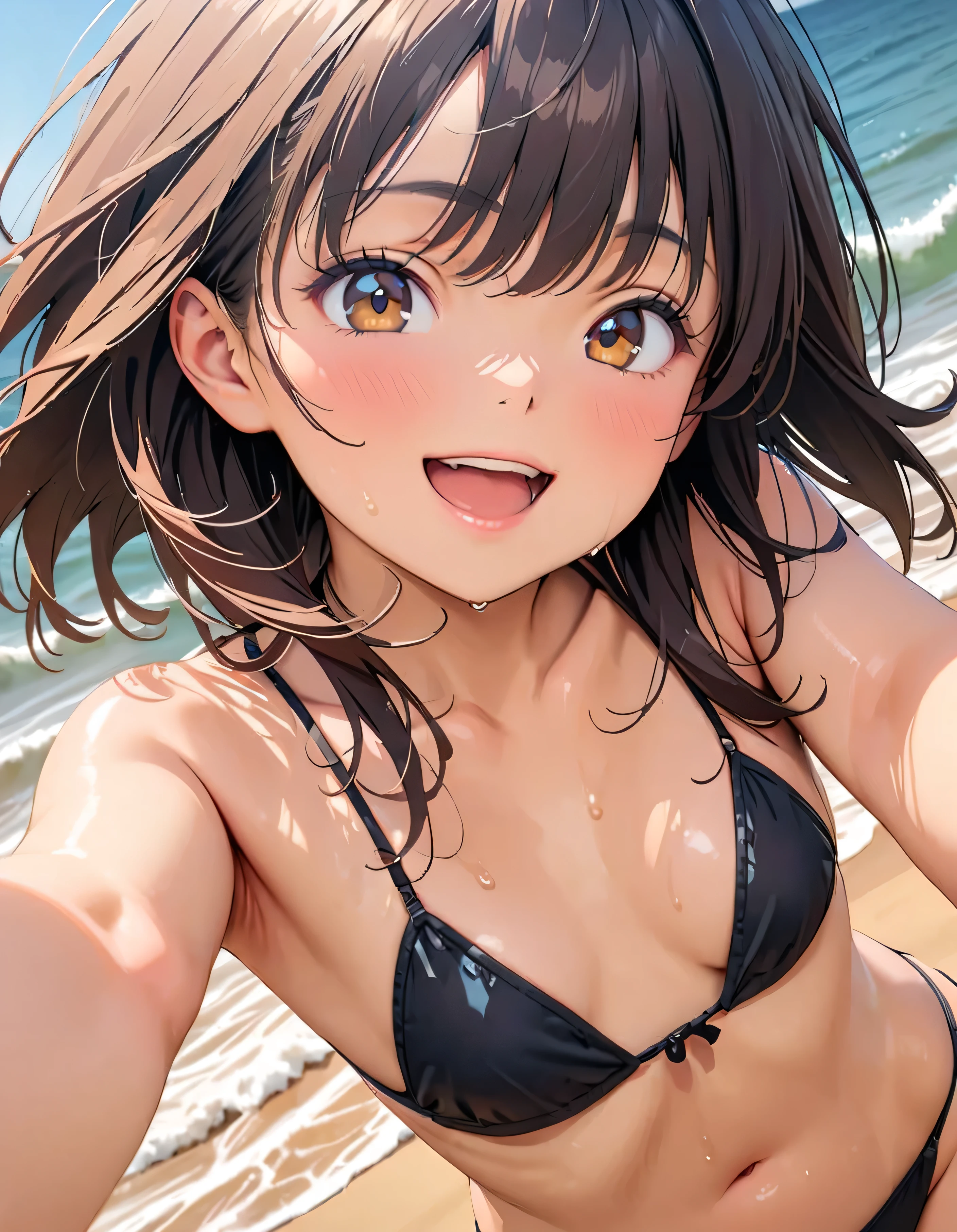(Highest quality:1.2, Very detailed, Latest, Vibrant, masterpiece:1.2, Highest quality, Best aesthetics), smile, ((Face Up Shot:1.4)), 1980s style, 8K Ultra HD, Background Blur, smile, One Woman, Woman in bikini, Strong sunlight, Seaside, sunny, Summer sunshine, Wet Skin, Flat chest, Sandy Beach, low length, Dynamic Angle, very young, Get excited