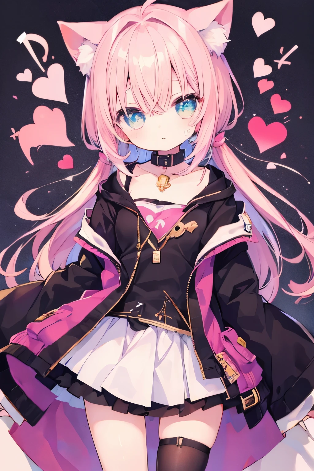 Light pink hair、Oversized jacket、hot pants、Putting on a collar、Elementary school girl、Very beautiful and Shining Eyes、Shining Eyes、1 person、Cat ear、(((((Small body)))))、heart❤、((Sweat、vapor))