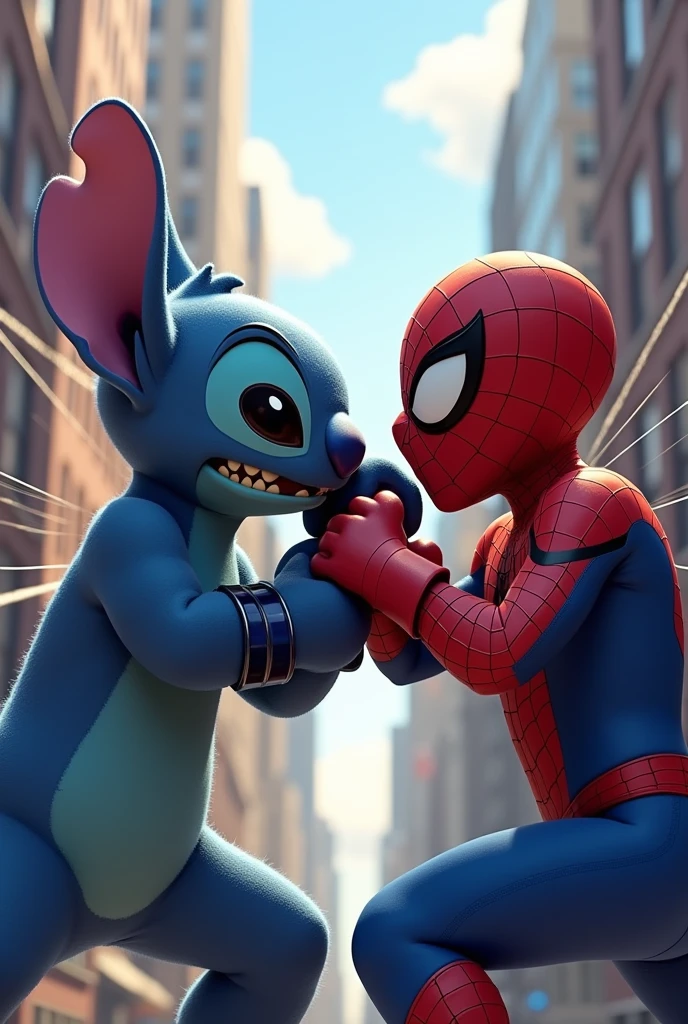 Generate me an image of the character stitch boxing against spiderman