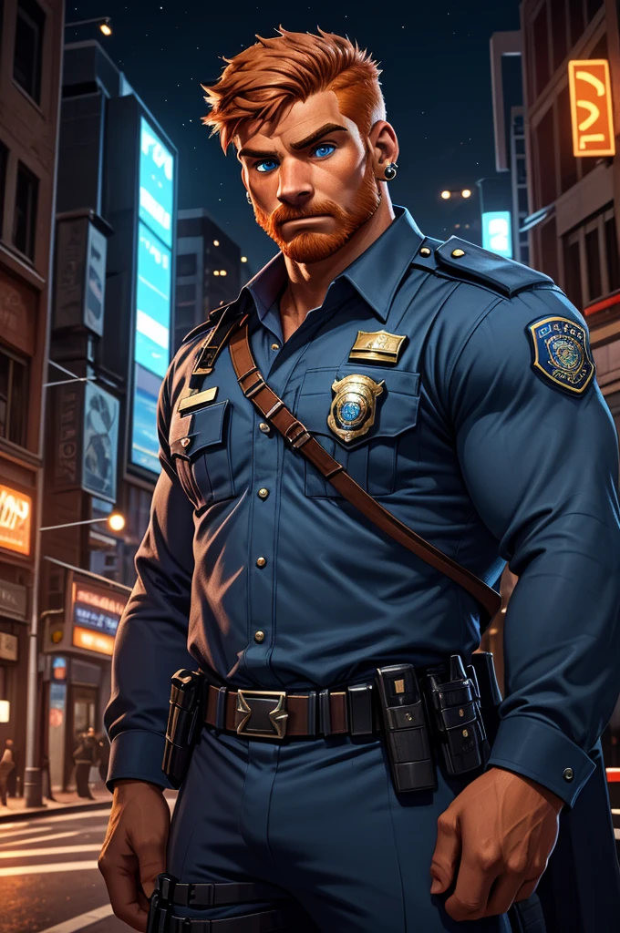 a muscular man, police officer, handsome face, 20s, ginger hair, tan skin, chiseled jawline, piercing blue eyes, confident expression, heroic pose, tactical uniform, utility belt, police badge, stoic demeanor, urban city background, dramatic lighting, cinematic composition, HDR, 8k, hyper detailed, photorealistic, award winning digital art