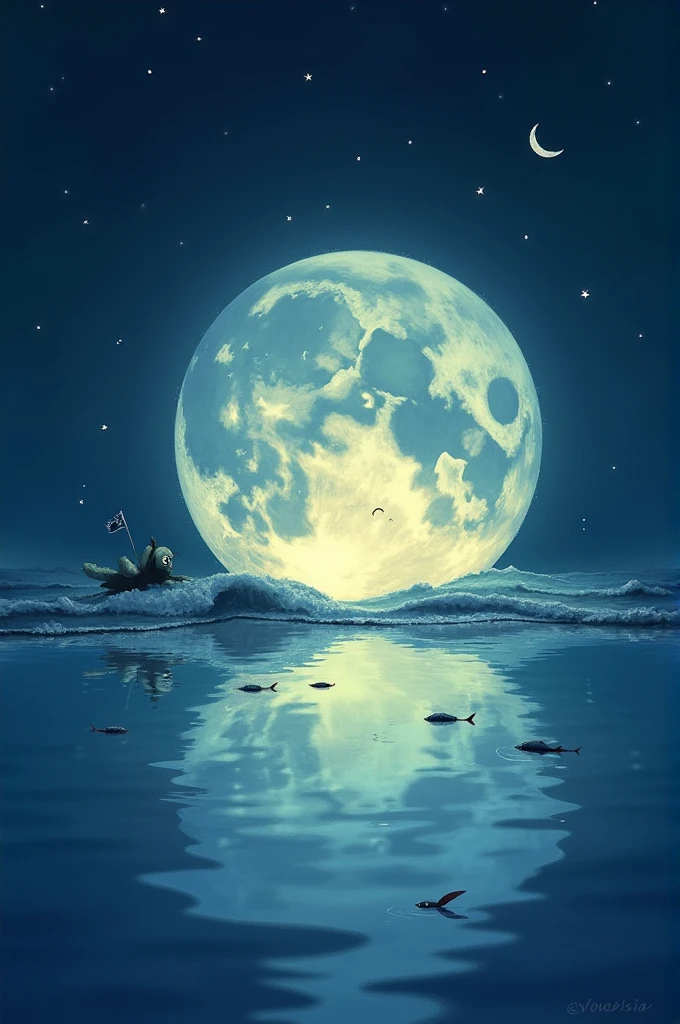 The Moon sitting on the edge of a calm ocean, with waves gently touching its feet. The Moon is smiling at its reflection in the water, with fish and other sea creatures playfully swimming around.
