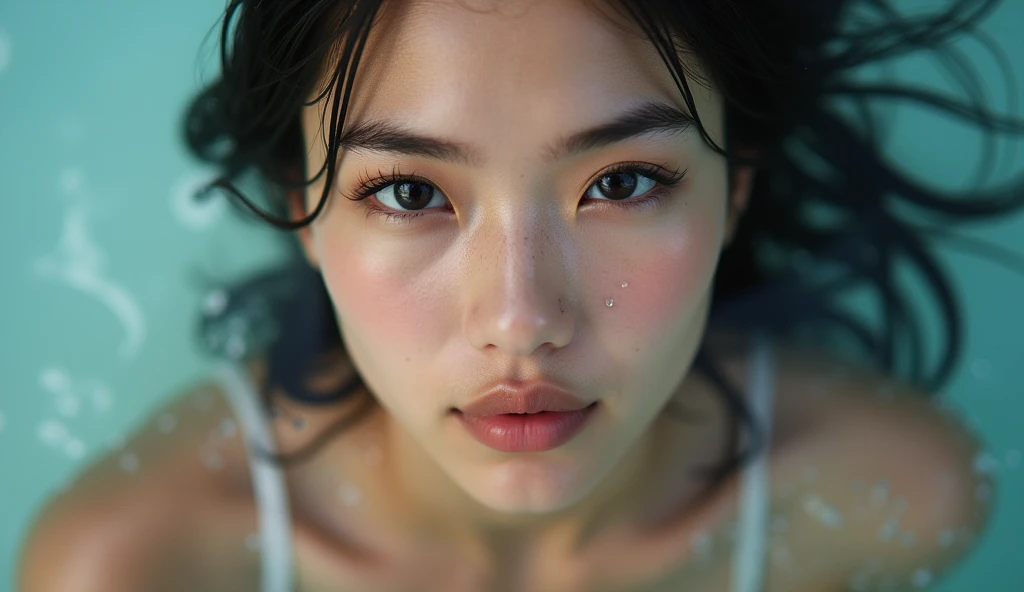 close up real photo  of a cute woman in water