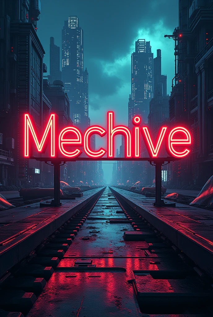 A futuristic poster for a college's mechanical engineering association. The name of the association is MechHive. Put the name in the centre of the poster. Make it more related to mechanical engineering. Name should be in red colour.