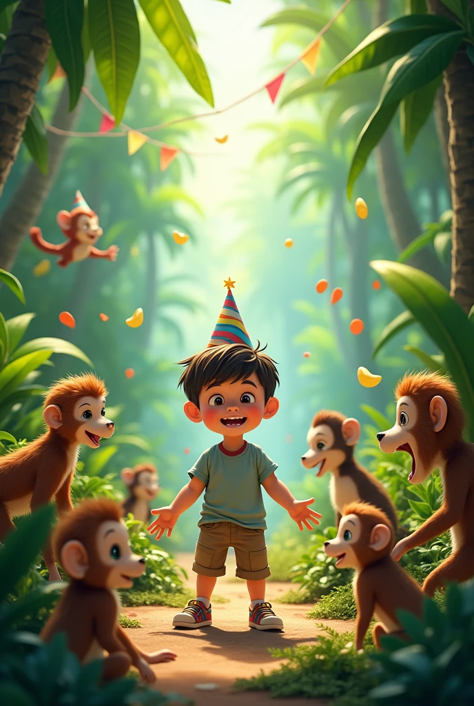 i want a lot of animals then there's a boy in the center celebrating his birthday in the jungle . put a happy birthday 