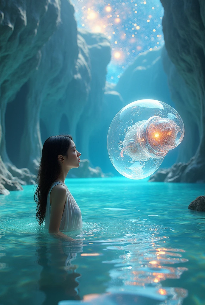 Model shooting style, (Extremely detailed CG unity 8k wallpaper),[Wave scenery，Beautiful girl looking directly at the translucent ethereal machine on the water，Futuristic girl，Looking down，shallow swimming，Futuristic underwater translucent palace close up,colorful scene, Beautiful Milky Way in the background，Art bud, shattered glass, ((Bubble underwater scenery)) ，Radiant Octane render in great detail,photography：Brandon Woelfelmist，surreal dreamscape，Surrealist art fantasy style，Epic digital fantasy art style，lute，HDR，Beautiful Sci-Fi Art, Sci-fi digital art illustration, Digital Cyberpunk Art, Science Fiction Digital, Futuristic numbers, Futuristic Concept Art, Sci-fi suspension cyberpunk, Cyberpunk Atlantis Landscape, Science Fiction Digital艺术, 高级Digital Cyberpunk Art, Fantastic cyberpunk girl(best quality,4K,8K,high resolution,masterpiece:1.2), (Practical,Reality,Photo-real:1.37). information,