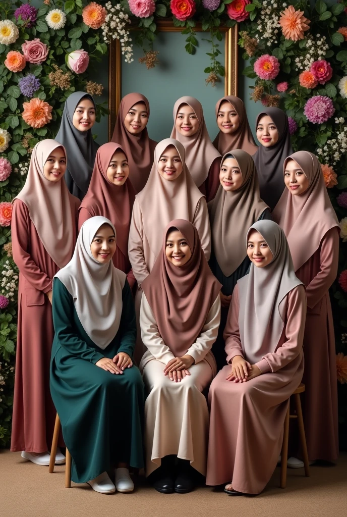 14 muslimah students with one woman teacher wearing hijab photo studio with flower background 