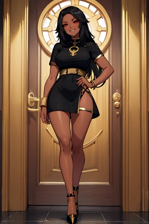 female, black long hair, red eyes, dark skin, (((1girl))), (((black and gold short sleeve minidress))), (gold bracelets), (gold heels), cute and sexy, full body, large breasts, long legs, smiling