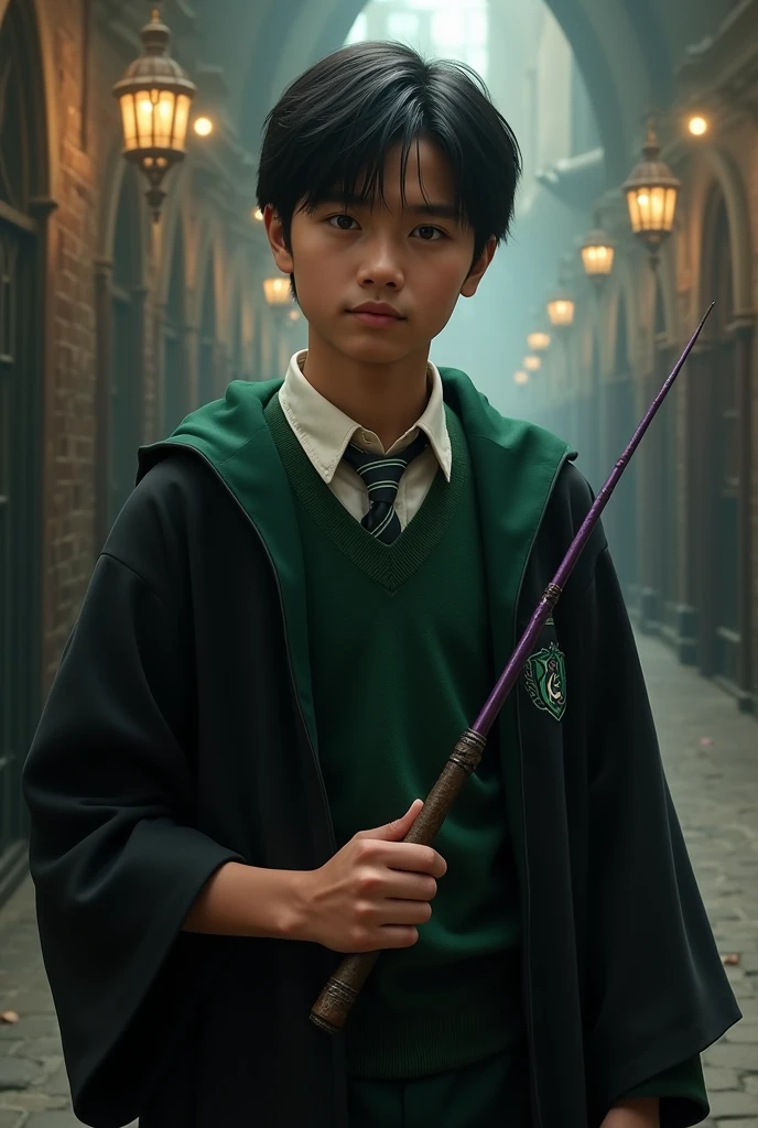 I want a handsome ager, studies at Hogwarts in the Slytherin house, brown skin, eyes black, Bblack hair, soft scars on arms, has a short purple wand in his left hand.