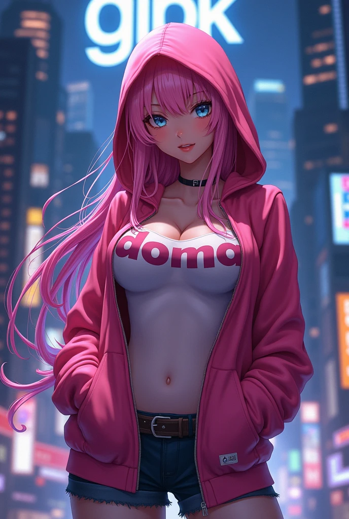 Create anime character;
{background: building capital HD text: “GLBK” in center-top, night}, tanned skin,
realistic, HDR, beautiful, korean style, full body, age 20, hoodie HD text: “Doma”, female, pink hair, long hair, big boobs