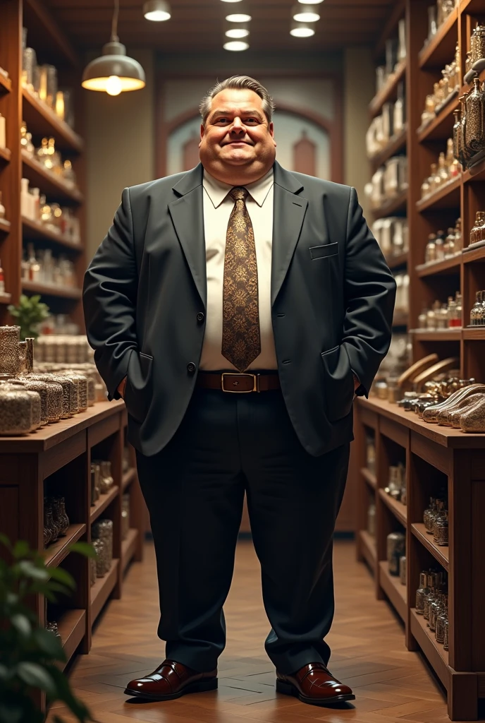 A realistic pics of a very rich man, with fat stomuch , stander inside his shop,full of goods