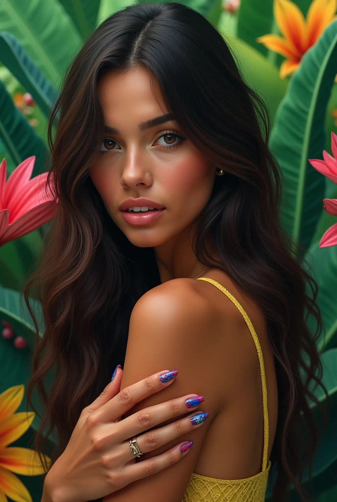 A Brazilian woman in a lush tropical garden, showing very colorful and beautiful nails , with long hair , image from waist to head