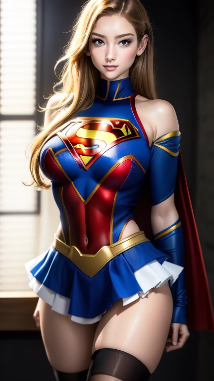 (Best quality, masterpiece, absurd)),1girl:1.3, solo:1.3,Beautiful woman,blue expressive eyes, beautiful woman,long blonde hair, 21 years, solo, 1girl,hourglass body,huge breasts, defined body, wearing superman cosplay((Supergirl cosplay bodysuit, skirt (waist up to half of thigh)supergirl, supergir short red cape)), bright colors