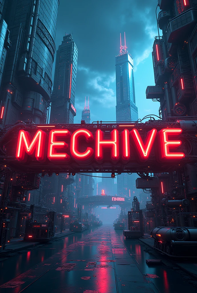 A futuristic poster for a college's mechanical engineering association. The name of the association is MechHive. Put the name in the centre of the poster. Make it more related to mechanical engineering. Name should be in red colour.