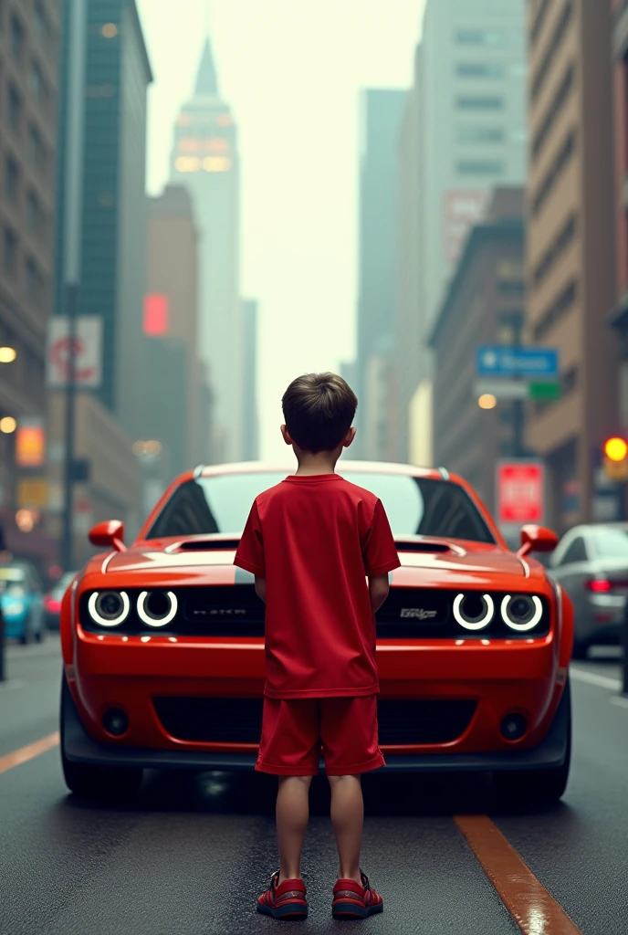 A faceless young boy who wearing a red jersey with a Dodge challenger car