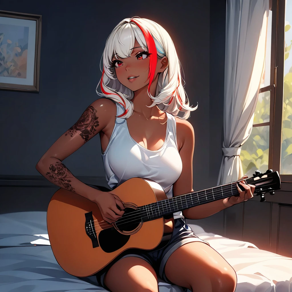 (highest quality:1.2, Very detailed, up to date, Vibrant, Ultra-high resolution, High Contrast, masterpiece:1.2, highest quality, Best aesthetics), Portraiture、girl、singer, solo, ((25-years-old:1)), Bright colors, Beautiful fine details、Beautiful lip detail、medium wave hair、red and white ((streaked hair:1.6)), highlights hair: 1.5, red eyes, slim body, medium breast, (tan skin:1.1), (Floral Fineline tattoo design on left arm:1), tank top, shorts, sitting on bed, bright her room, huge windows, singing, playing acoustic guitar, upper body