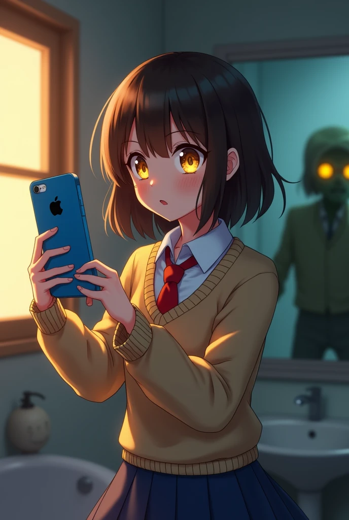 1girl, young girl with glowing yellow eyes, taking a selfie with a blue smartphone with Apple logo in front of a mirror, she is looking to the smartphone. She has shoulder-length dark brown hair and is wearing a beige sweater over a white shirt with a red tie, and a blue skirt. The background shows a bathroom with a window, warm light filters in, casting a soft glow. A zombie-like figure with greenish skin and glowing yellow eyes is visible in the background, adding an eerie element to the scene. The overall composition is dynamic, the contrasting warm and cool tones creating a striking visual effect.