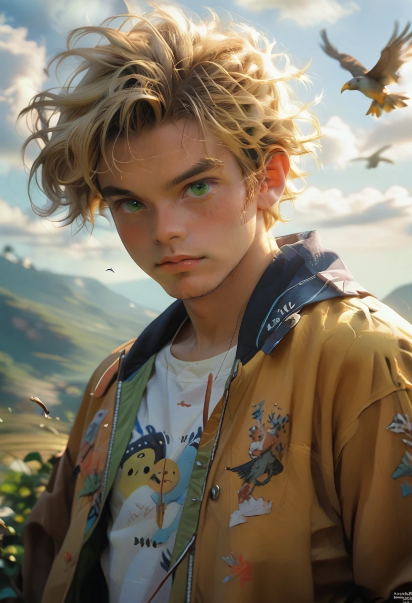 chibinaruto, 1boy, blonde hair, male focus, solo, sky, green eyes, cloud, day, whisker markings, bird, blue sky, male child, jacket, outdoors, upper body, cloudy sky