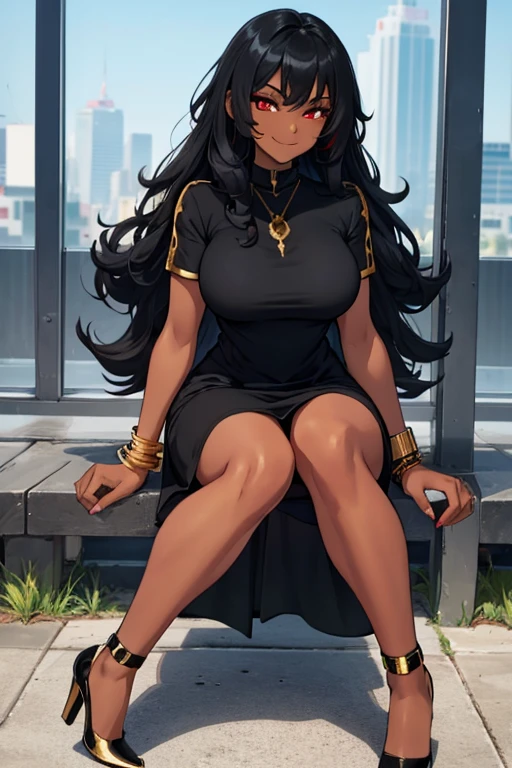 female, black long hair, red eyes, dark skin, (((1girl))), (((black and gold short sleeve minidress))), (gold bracelets), (gold heels), cute and sexy, full body, large breasts, long legs, smiling